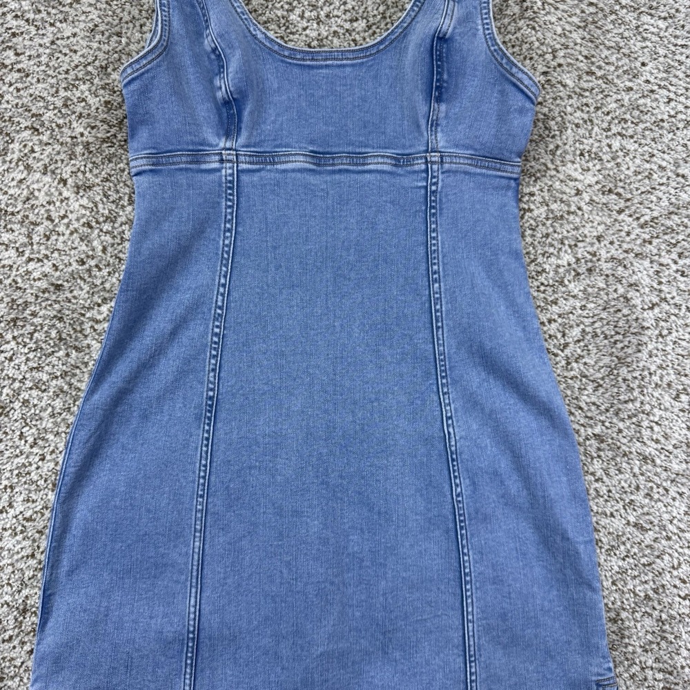 American Eagle Denim Dress Women's 6 Blue Maxi Scoop Neck Sleeveless Side Slit - Picture 4 of 16